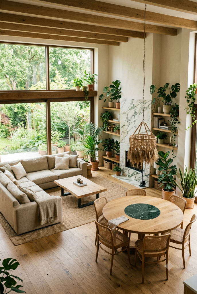 Natuerliche Inneneinrichtung mit viel Holz und vielen Pflanzen die ein gesundes Raumklima erzeugen