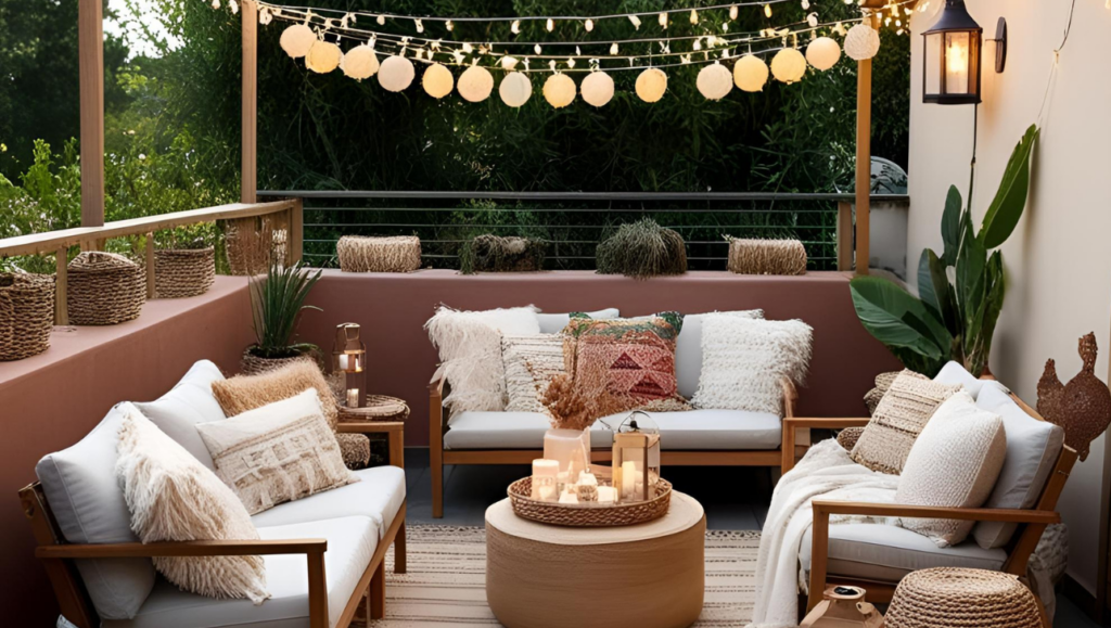 Terrasse mit hängenden Lichterketten und Laternen