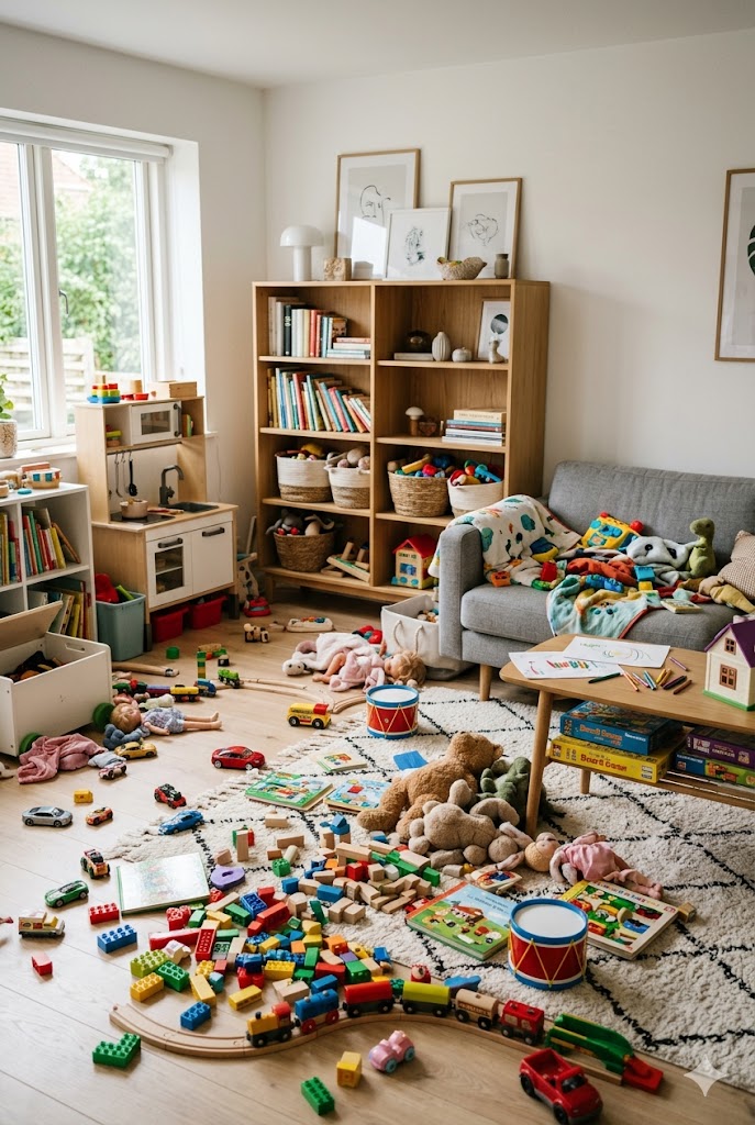 ein mit Spielsachen übersätes Wohnzimmer