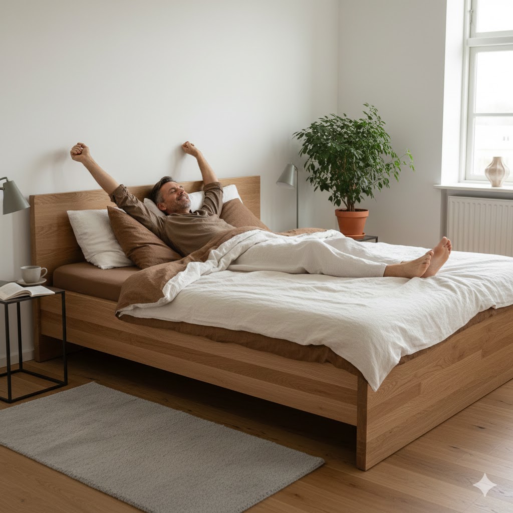 Mann im grauen Schlafzug leidet unter Rückenschmerzen beim Aufstehen aus einem Bett im skandinavischen Stil. Im Hintergrund ist ein offenes Schlafsystem mit Holzlamellen und Naturlatex-Elementen in einem hellen, freundlichen Schlafzimmer zu sehen.