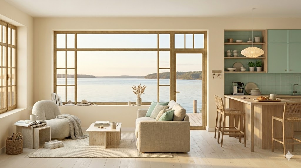 Helles, modernes Ferienhaus-Interieur im Scandi-Stil mit großem Panoramafenster und direktem Blick auf einen ruhigen See bei Sonnenuntergang. Der Wohnbereich ist in sanften Cremetönen (Pantone Cloud Dancer) gestaltet und mit einem gemütlichen Bouclé-Sessel, einem beigen Sofa mit mintgrünen Kissen sowie Naturholzmöbeln eingerichtet. Im Hintergrund ist eine minimalistische Küche mit mintfarbenen Fronten und einer eleganten Pendelleuchte sichtbar.