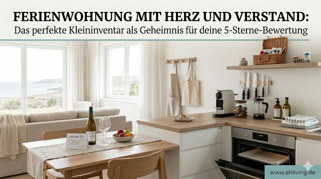 Helle, moderne Ferienwohnungs-Küche mit hochwertigem Kleininventar, Messerleiste, Kaffeestation und einem gedeckten Esstisch mit Blick auf die Küste – Tipps für die 5-Sterne-Einrichtung.