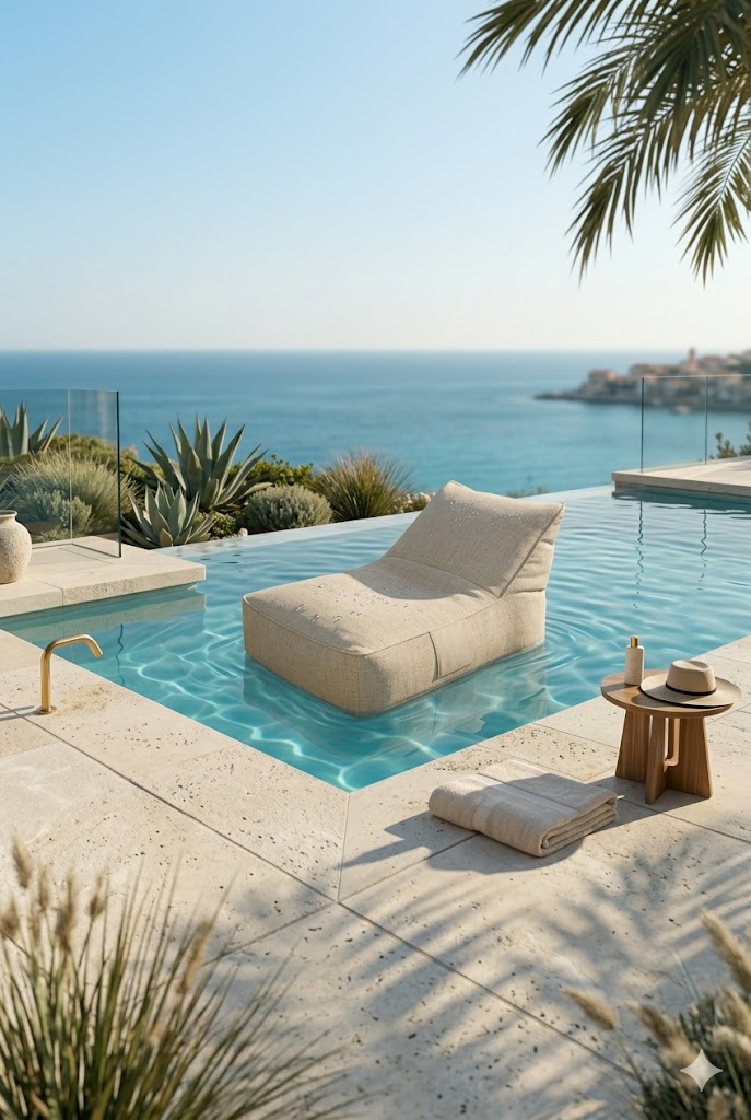 Eine beige, schwimmende Outdoor-Sonnenliege in Leinenoptik auf dem klaren Wasser eines modernen Infinity-Pools mit Blick auf das Meer bei sonnigem Wetter.