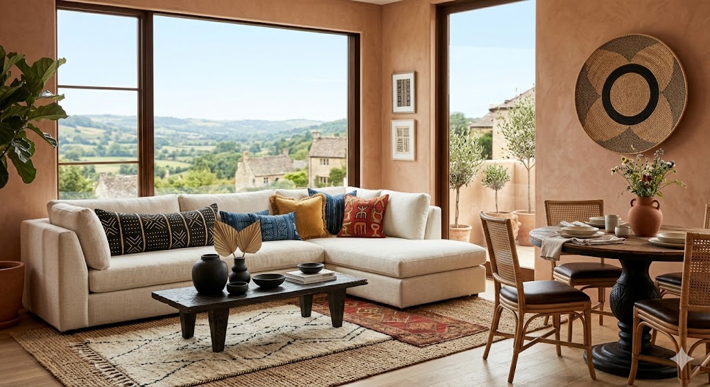 "Ein großzügiger, lichtdurchfluteter offener Wohn- und Essbereich in einer gehobenen Ferienwohnung, eingerichtet im modernen Afrohemian Style. Im Vordergrund das L-förmige cremefarbene Sofa mit der reichen Auswahl an Mudcloth-, Indigo- (Adire), Ocker- und Symbol-Kissen und der schwere Holz-Couchtisch mit handgetöpferten schwarzen Keramiken und Trockenpalmenblättern. Rechts daneben eine kleine Tischgruppe mit einem runden, geschnitzten Holztisch und drei Rattan-Stühlen, über der ein großes, rundes Wandkunstwerk aus Naturfasern hängt. Der Blickwinkel erfasst im Hintergrund ein großes, bodentiefes Fenster mit einem atemberaubenden, weitläufigen Ausblick auf eine grüne Hügellandschaft und ein traditionelles Dorf unter blauem Himmel. Die terrakottafarbene Kalkputzwand setzt warme Akzente. Der Raum strahlt Luxury Lodge Atmosphäre, Ruhe und Exklusivität aus."