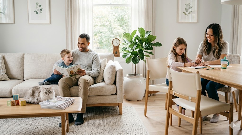 "Helles skandinavisches Wohnzimmer mit einer Familie auf einem cremefarbenen Leder-Sofa und passenden Esszimmerstühlen. Ein Vater liest seinem Kind vor, eine Mutter malt mit ihrer Tochter am Holztisch. Eine flauschige Katze liegt entspannt auf dem Couchtisch. Hochwertige, familienfreundliche Einrichtung mit hellen Lederbezügen."