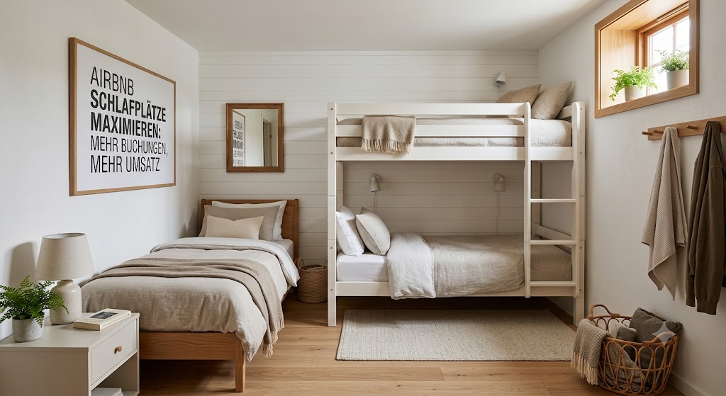 Ein helles, hochwertig eingerichtetes kleines Schlafzimmer im skandinavischen Stil in einer Ferienwohnung mit einem Etagenbett und einem Einzelbett zur Maximierung der Schlafplätze. An der Wand hängt ein gerahmtes Poster mit dem Titel „Airbnb Schlafplätze maximieren: Mehr Buchungen, mehr Umsatz“