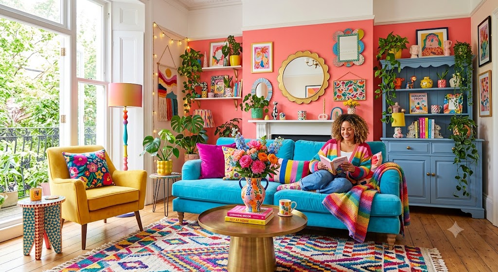 Ein farbenfrohes Wohnzimmer im Dopamine-Decor-Stil mit einer lachsrosa Wand, einem leuchtend blauen Sofa und einer lächelnden Frau, die darauf liest. Der Raum ist mit gemusterten Teppichen, bunten Kissen, Pflanzen und eklektischer Dekoration gefüllt.