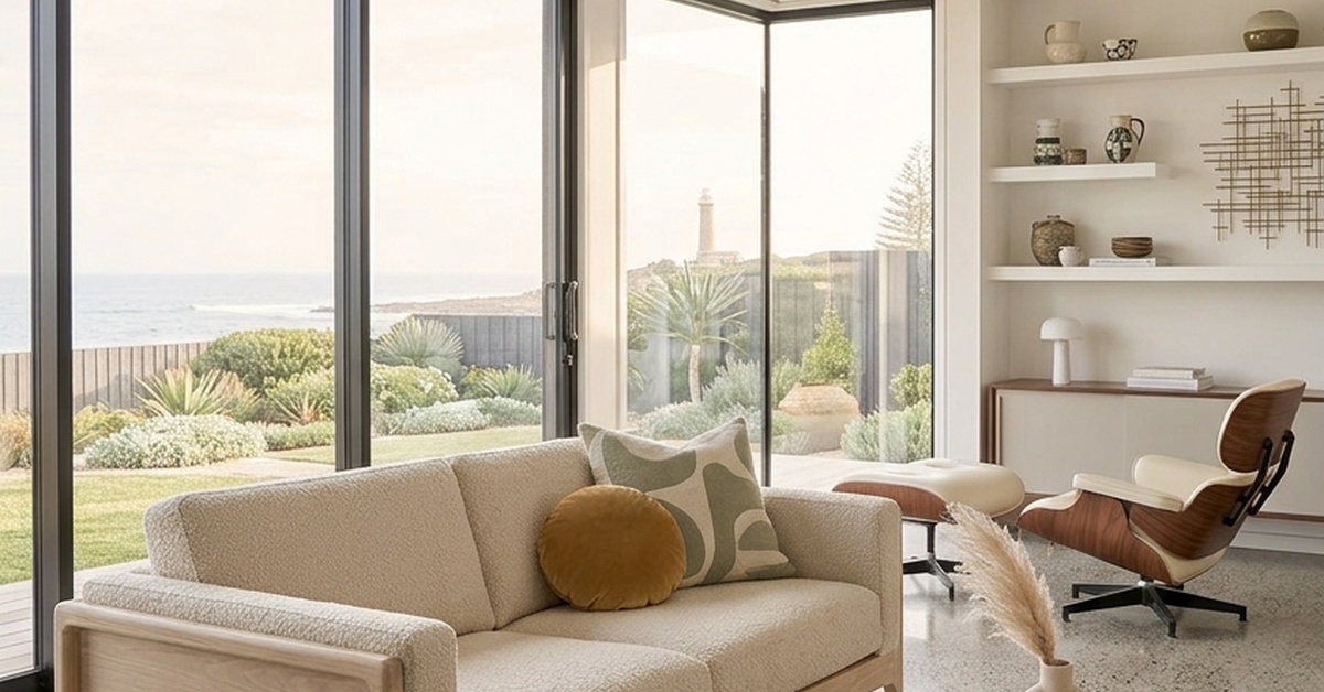 Helles pflegeleichtes Bouclé-Sofa mit Meeresblick – Sofa Bezug pflegeleicht Familien-Check