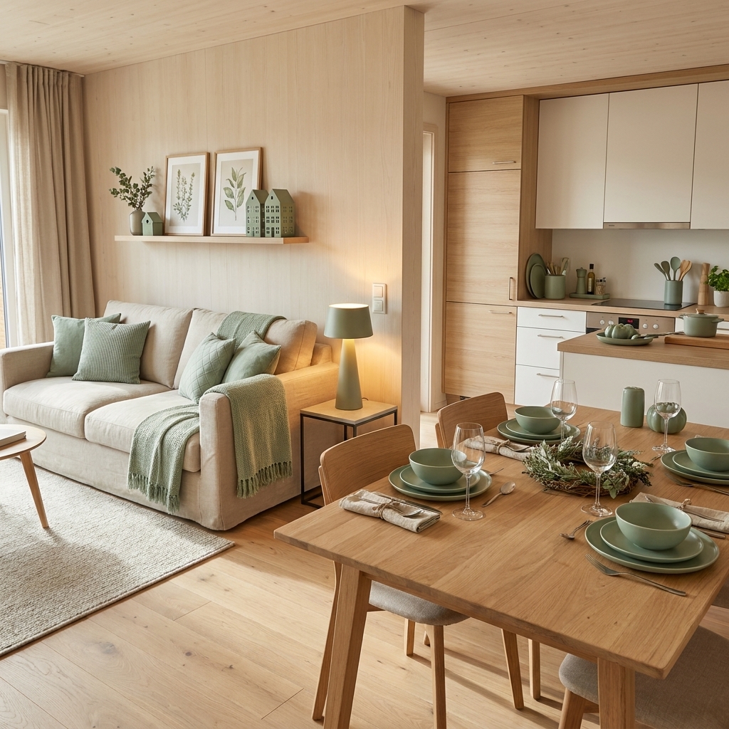 Helles Scandi-Wohnzimmer mit grünem Sofa, rustikalem Holztisch und salbeigrüner Deko.