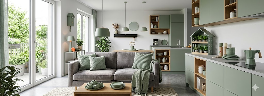 Helles Scandi-Wohnzimmer mit grünem Sofa, rustikalem Holztisch und salbeigrüner Deko.