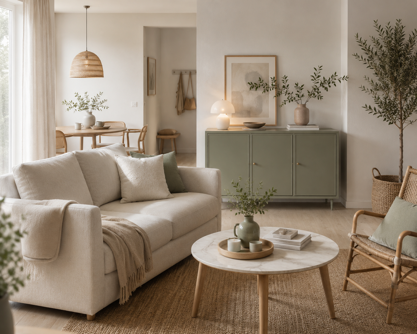 Wohnzimmer mit salbeigrünem Sideboard kombiniert mit Naturtönen, Rattan und hellem Holz