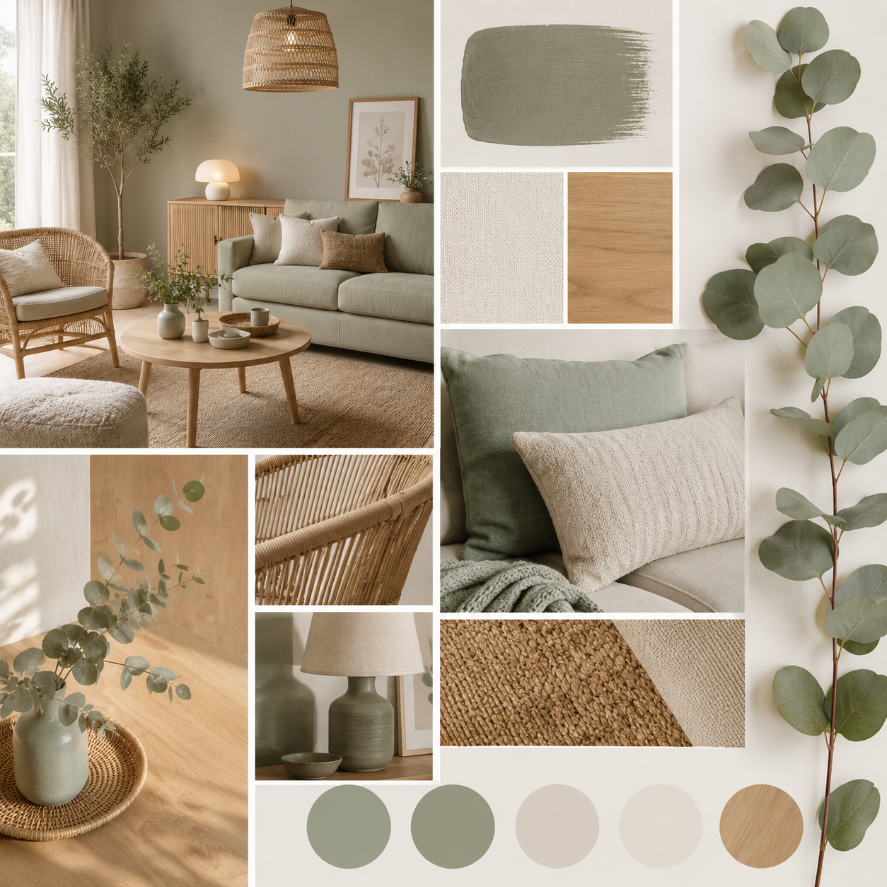 Salbeigrün Wohnzimmer Ideen als Collage: Moodboard mit Farbpalette, Kissen, Eukalyptus, Rattan und hellem Holz