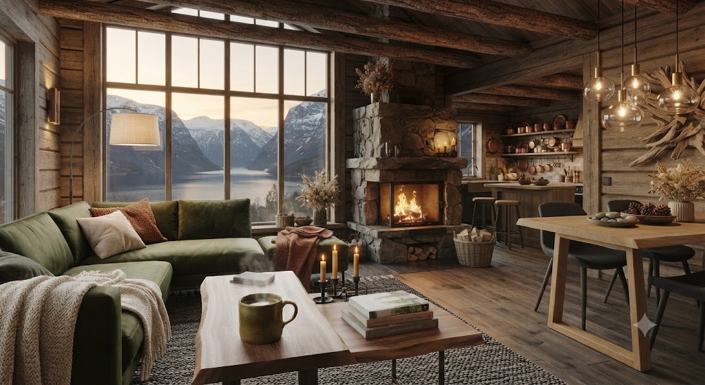 Wohnzimmer einer Ferienwohnung im Naturstil mit Holz, Leinen und Blick ins Grüne