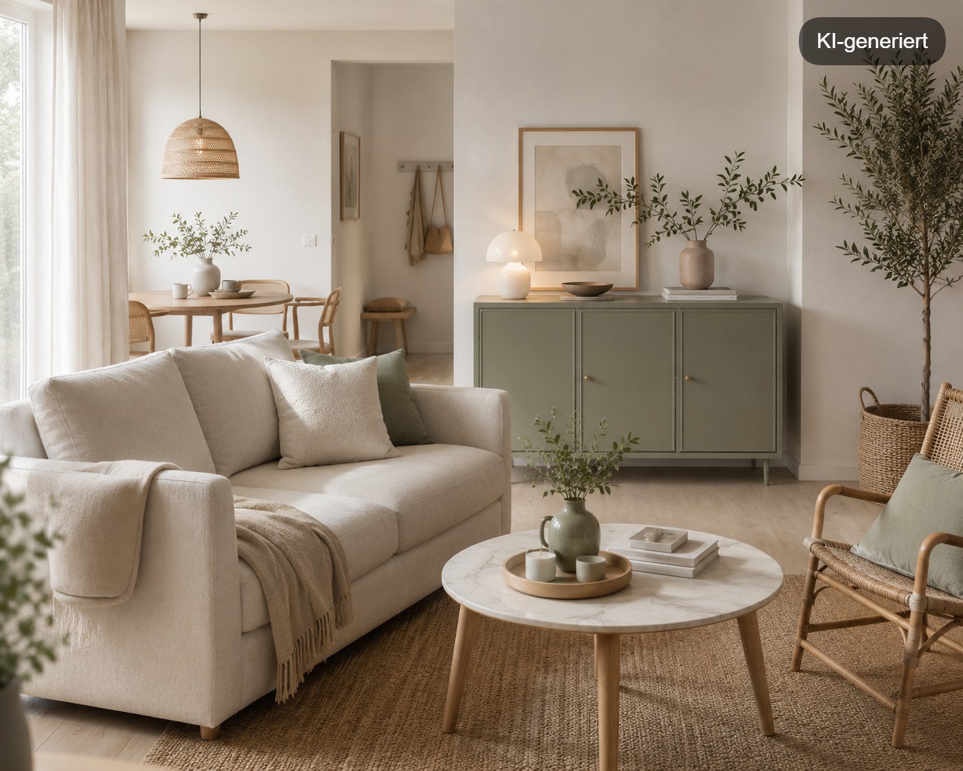 Wohnzimmer mit salbeigrünem Sideboard kombiniert mit Naturtönen, Rattan und hellem Holz