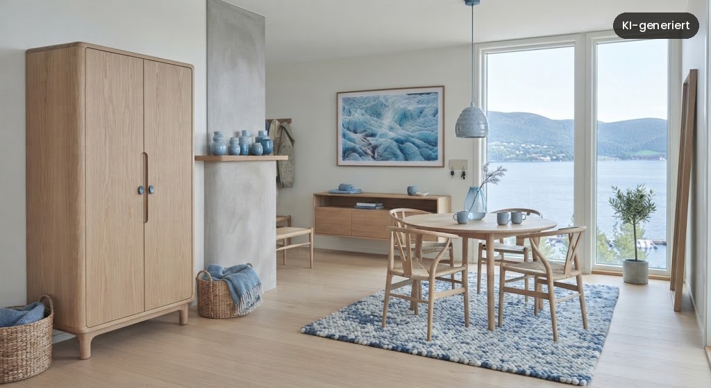 Esszimmer in Cool Blue mit Eichenmöbeln und blau-weißem Wollteppich