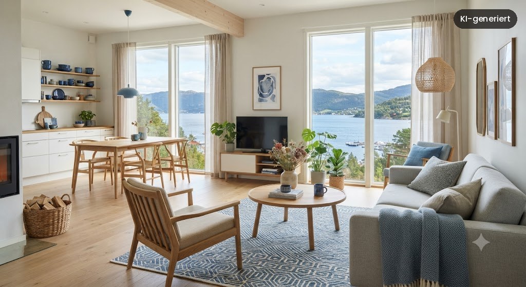 Offener Wohnraum in Cool Blue mit hellem Holz und Blick auf den Fjord