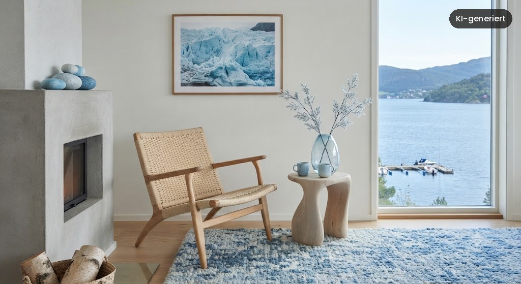 Vasen, Kissen und Keramik in kühlem Blau auf hellem Sideboard
