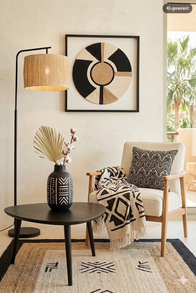 Afrohemian Wohnbereich mit warmen Erdtönen, handgefertigten Textilien, geflochtenen Körben und natürlichen Materialien im modernen Boho-Stil