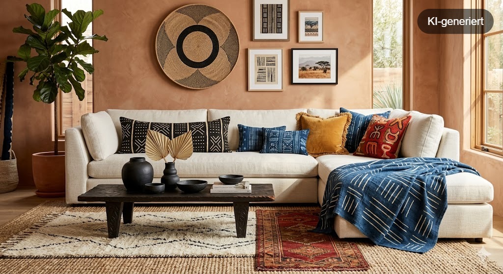 Lichtdurchfluteter offener Wohn- und Essbereich im Afrohemian Style: cremefarbenes L-Sofa mit Mudcloth- und Indigo-Kissen, schwerer Holz-Couchtisch mit schwarzer Keramik, Rattan-Stühle und rundes Naturfaser-Wandkunstwerk vor terrakottafarbener Kalkputzwand