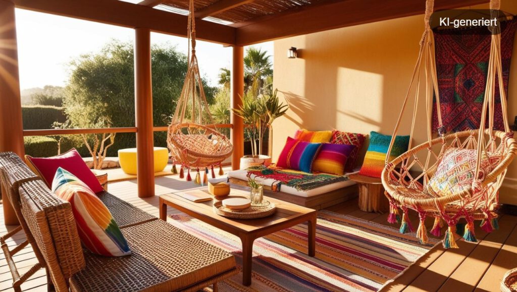Terrasse im Boho Stil mit Makramee und Rattanmöbeln
