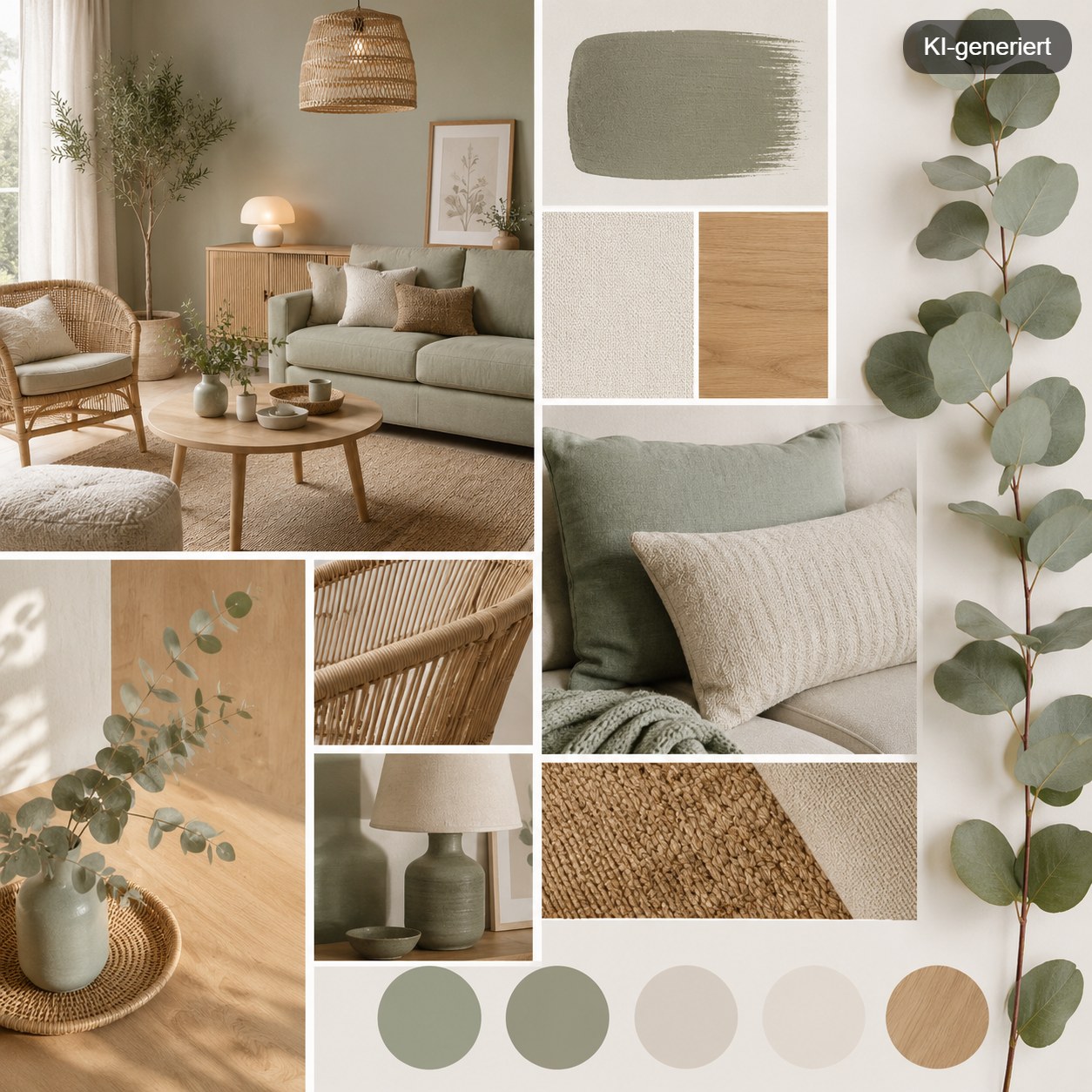 Salbeigrün Wohnzimmer Ideen als Collage: Moodboard mit Farbpalette, Kissen, Eukalyptus, Rattan und hellem Holz