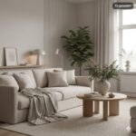 Cremeweißes Sofa mit Leinenkissen vor hell gerippter Wand