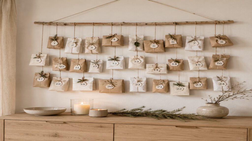 Selbst gebastelter Adventskalender aus Papiertüten und Schachteln an einem Ast