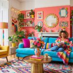 Frau auf türkisem Sofa vor pinker Wand mit bunter Bildergalerie