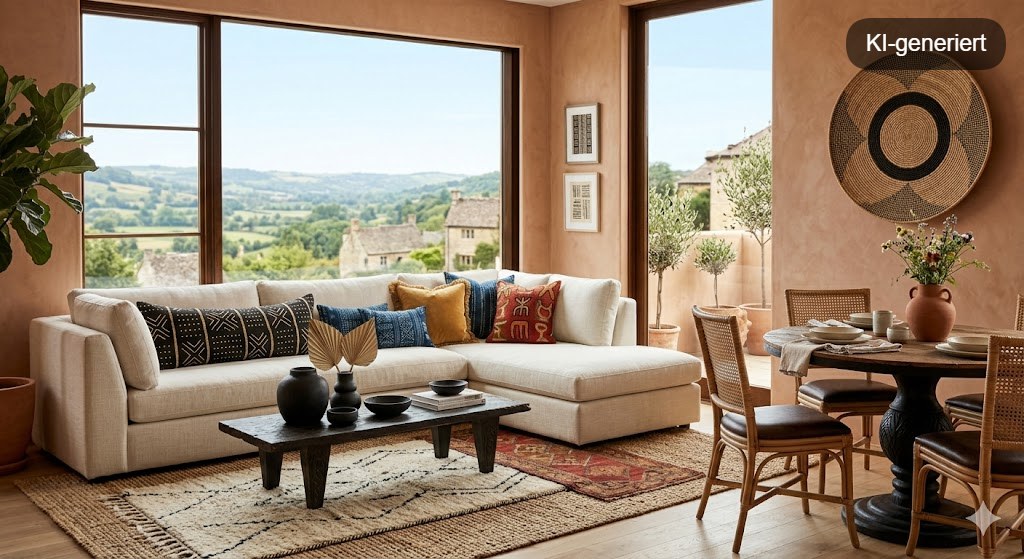"Ein großzügiger, lichtdurchfluteter offener Wohn- und Essbereich in einer gehobenen Ferienwohnung, eingerichtet im modernen Afrohemian Style. Im Vordergrund das L-förmige cremefarbene Sofa mit der reichen Auswahl an Mudcloth-, Indigo- (Adire), Ocker- und Symbol-Kissen und der schwere Holz-Couchtisch mit handgetöpferten schwarzen Keramiken und Trockenpalmenblättern. Rechts daneben eine kleine Tischgruppe mit einem runden, geschnitzten Holztisch und drei Rattan-Stühlen, über der ein großes, rundes Wandkunstwerk aus Naturfasern hängt. Der Blickwinkel erfasst im Hintergrund ein großes, bodentiefes Fenster mit einem atemberaubenden, weitläufigen Ausblick auf eine grüne Hügellandschaft und ein traditionelles Dorf unter blauem Himmel. Die terrakottafarbene Kalkputzwand setzt warme Akzente. Der Raum strahlt Luxury Lodge Atmosphäre, Ruhe und Exklusivität aus."