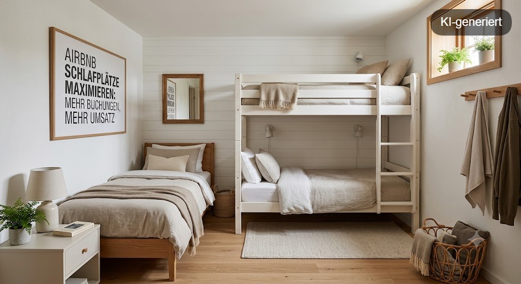 Ein helles, hochwertig eingerichtetes kleines Schlafzimmer im skandinavischen Stil in einer Ferienwohnung mit einem Etagenbett und einem Einzelbett zur Maximierung der Schlafplätze. An der Wand hängt ein gerahmtes Poster mit dem Titel „Airbnb Schlafplätze maximieren: Mehr Buchungen, mehr Umsatz“