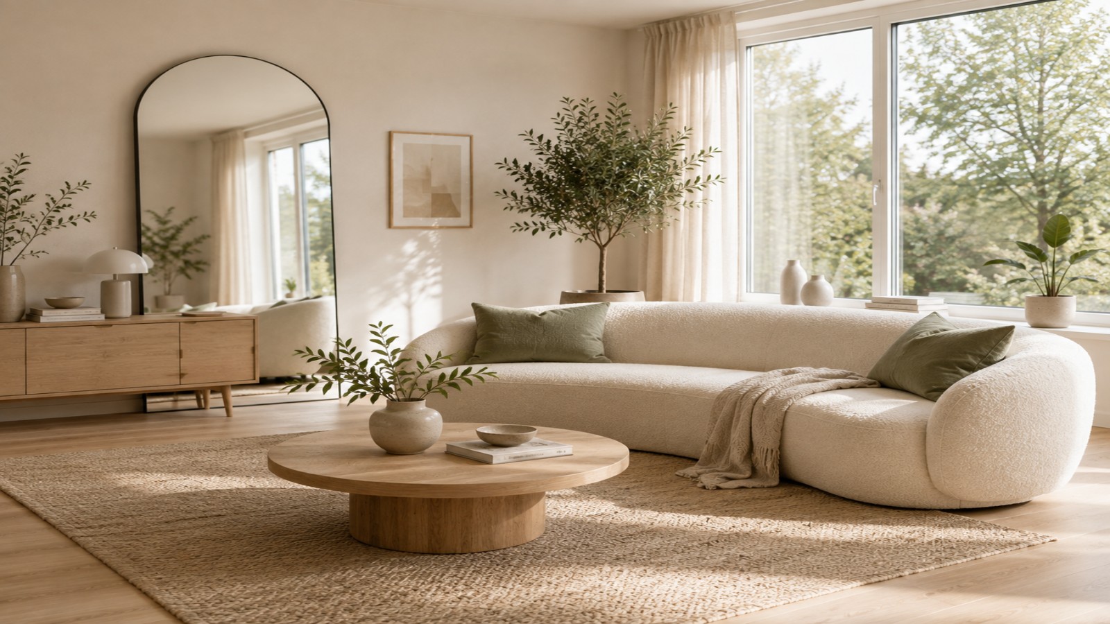 Helles Wohnzimmer mit geschwungenem Bouclé-Sofa, rundem Beistelltisch und Bogenspiegel