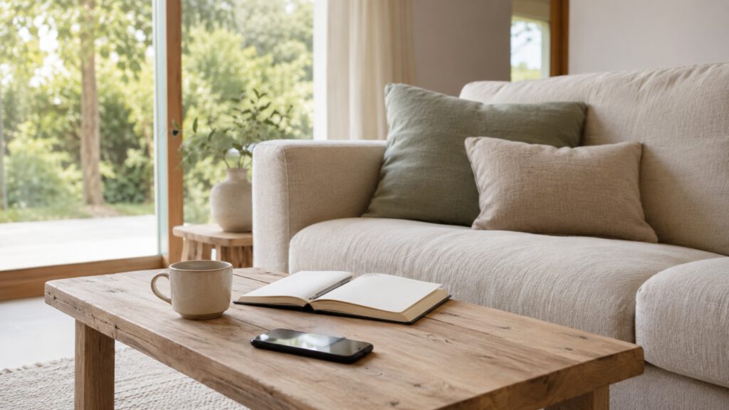 Wohnbereich einer Ferienwohnung mit Sofa, Smartphone und Kaffeetasse auf dem Tisch