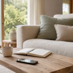 Wohnbereich einer Ferienwohnung mit Sofa, Smartphone und Kaffeetasse auf dem Tisch