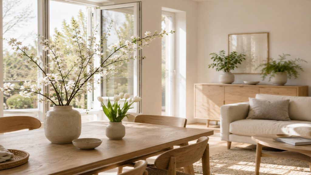 Heller Wohnraum im Frühling mit blühenden Kirschzweigen und Tulpen in Vasen