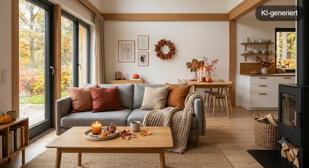 Gemütliche Herbstdekoration in einer Ferienwohnung mit Kürbissen, Kerzen und warmen Farben
