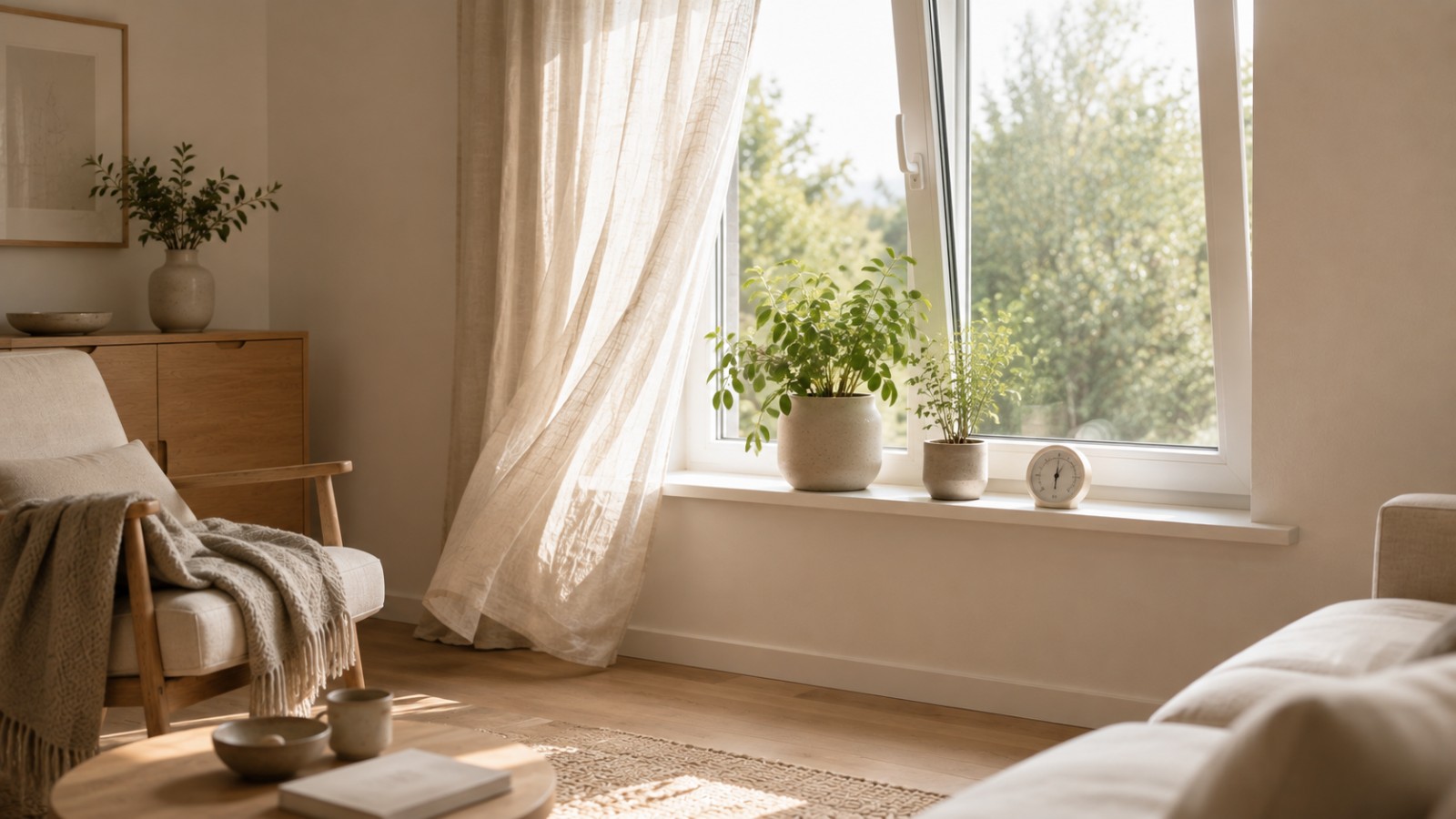 Helles Wohnzimmer mit gekipptem Fenster, Leinenvorhang und Pflanzen auf dem Fensterbrett