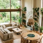Natuerliche Inneneinrichtung mit viel Holz und vielen Pflanzen die ein gesundes Raumklima erzeugen