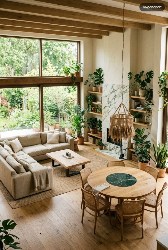 Natuerliche Inneneinrichtung mit viel Holz und vielen Pflanzen die ein gesundes Raumklima erzeugen