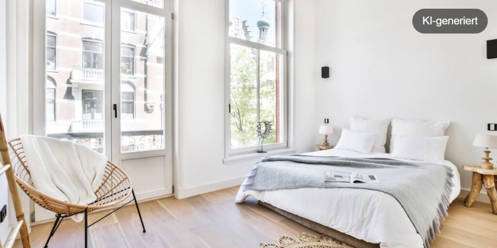 Helles Schlafzimmer mit Leinenbett und Rattansessel am Fenster
