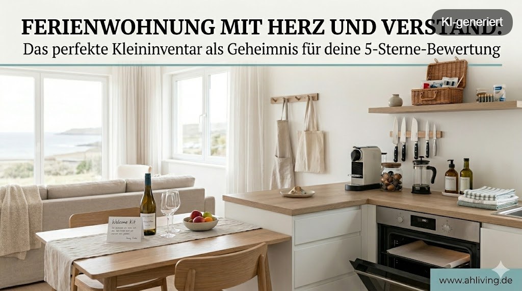 Helle, moderne Ferienwohnungs-Küche mit hochwertigem Kleininventar, Messerleiste, Kaffeestation und einem gedeckten Esstisch mit Blick auf die Küste – Tipps für die 5-Sterne-Einrichtung.
