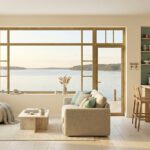 Helles, modernes Ferienhaus-Interieur im Scandi-Stil mit großem Panoramafenster und direktem Blick auf einen ruhigen See bei Sonnenuntergang. Der Wohnbereich ist in sanften Cremetönen (Pantone Cloud Dancer) gestaltet und mit einem gemütlichen Bouclé-Sessel, einem beigen Sofa mit mintgrünen Kissen sowie Naturholzmöbeln eingerichtet. Im Hintergrund ist eine minimalistische Küche mit mintfarbenen Fronten und einer eleganten Pendelleuchte sichtbar.