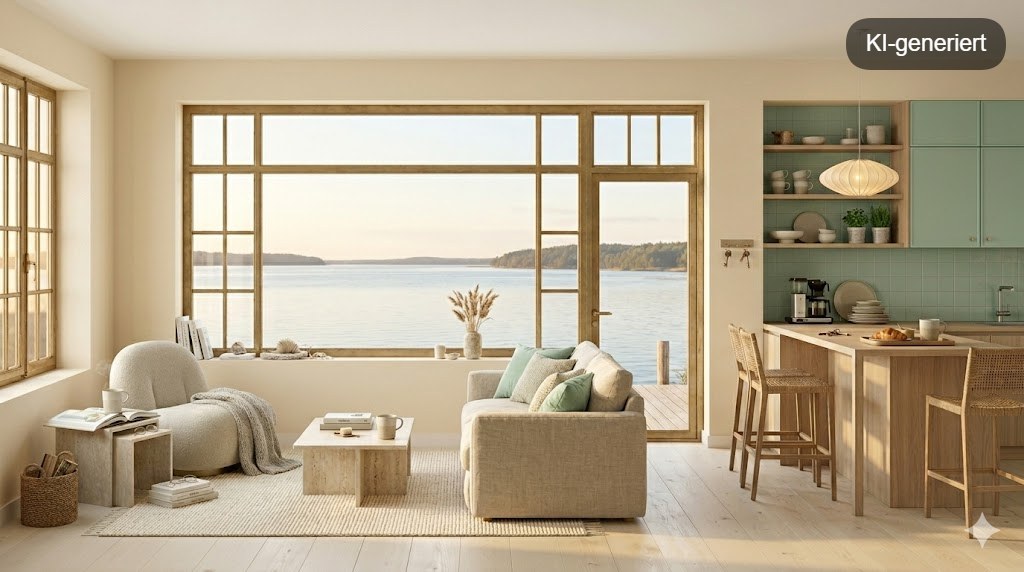 Helles, modernes Ferienhaus-Interieur im Scandi-Stil mit großem Panoramafenster und direktem Blick auf einen ruhigen See bei Sonnenuntergang. Der Wohnbereich ist in sanften Cremetönen (Pantone Cloud Dancer) gestaltet und mit einem gemütlichen Bouclé-Sessel, einem beigen Sofa mit mintgrünen Kissen sowie Naturholzmöbeln eingerichtet. Im Hintergrund ist eine minimalistische Küche mit mintfarbenen Fronten und einer eleganten Pendelleuchte sichtbar.