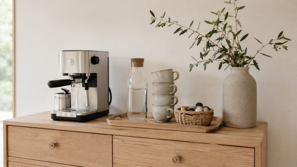 Kaffeestation auf einem Holzsideboard mit Maschine, Tassen und Korb