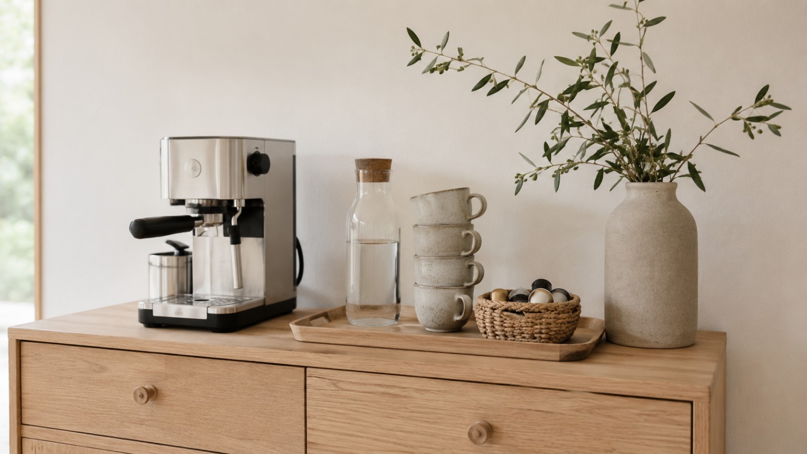 Kaffeestation auf einem Holzsideboard mit Maschine, Tassen und Korb