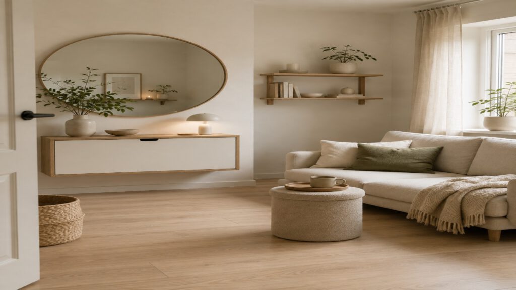 Kleines helles Zimmer mit rundem Spiegel, schmalem Sideboard und viel freier Bodenfläche