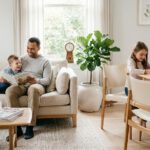 Leder-Guide: Sofa & Stühle zwischen Luxus und Familie Familie mit Katze auf hellem Sofa und am Esstisch aus Holz
