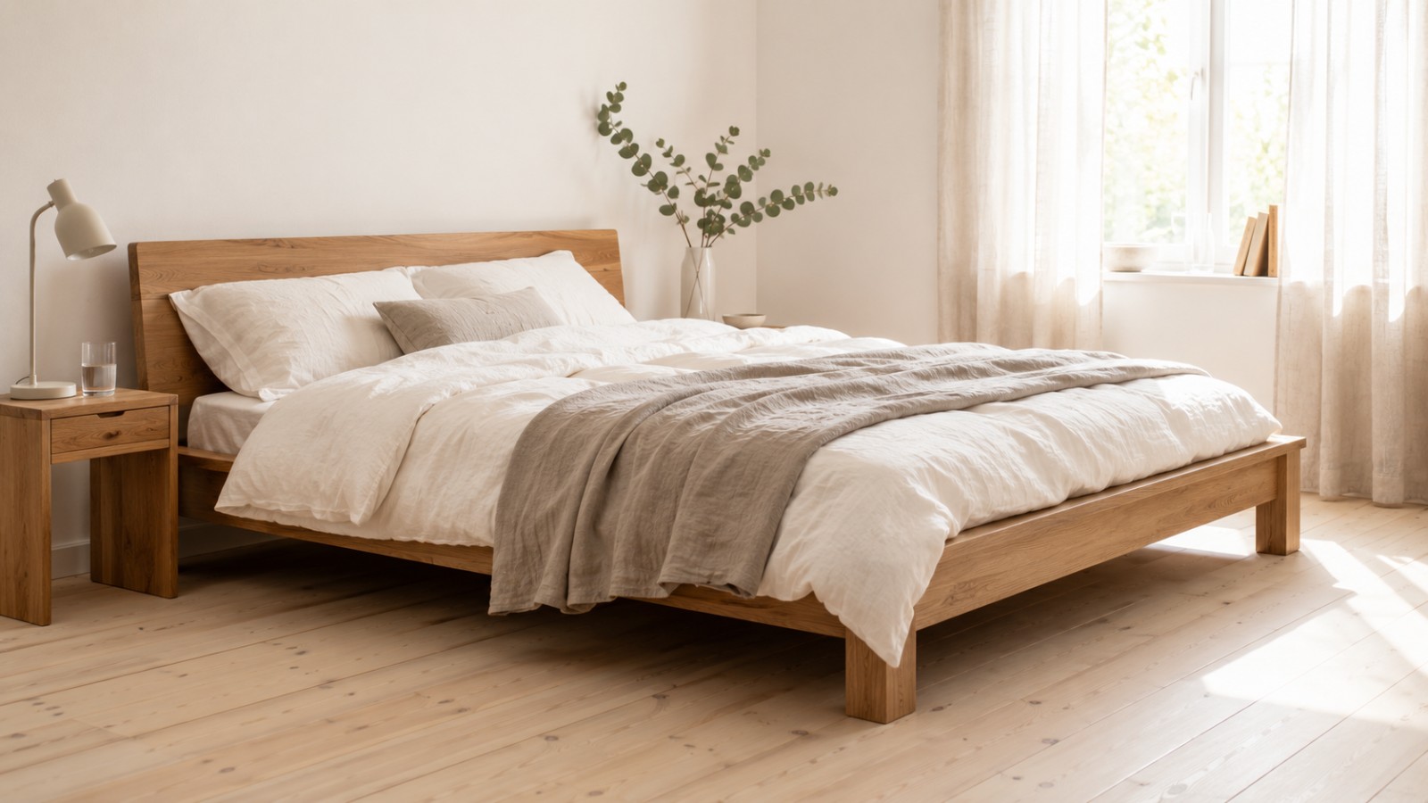 Niedriges Massivholzbett aus heller Eiche mit weißer Leinenbettwäsche in einem hellen Schlafzimmer