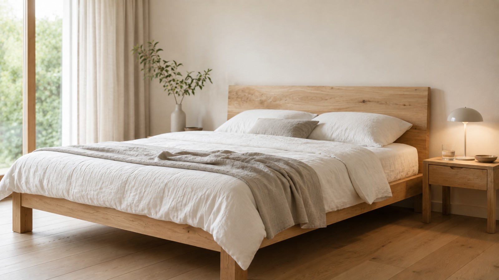 Niedriges Massivholzbett mit weißer Leinenbettwäsche in hellem Schlafzimmer