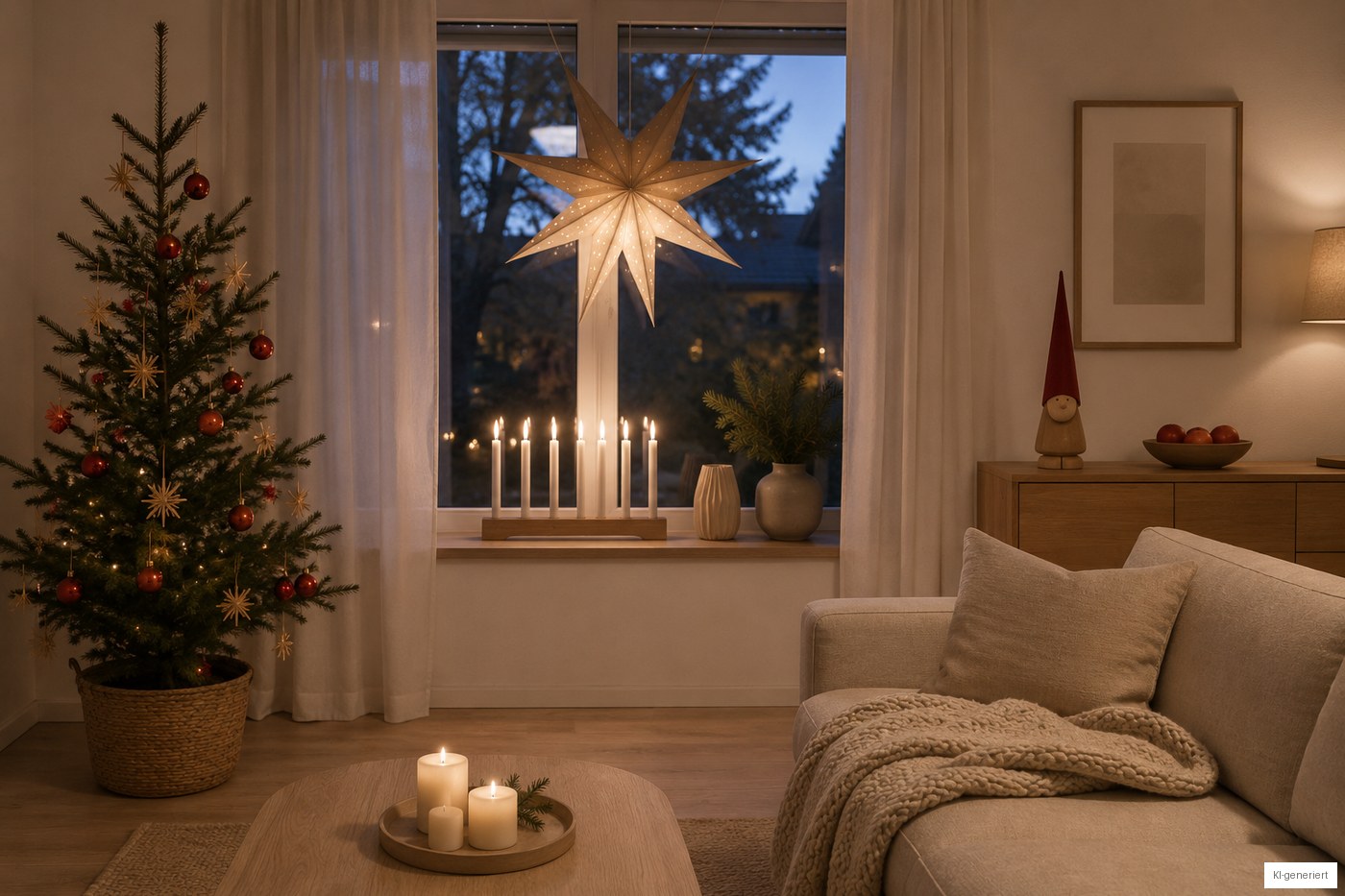 Skandinavisches Wohnzimmer im Advent mit Papierstern im Fenster, Adventsleuchter und schlicht geschmücktem Baum (KI-generiert)