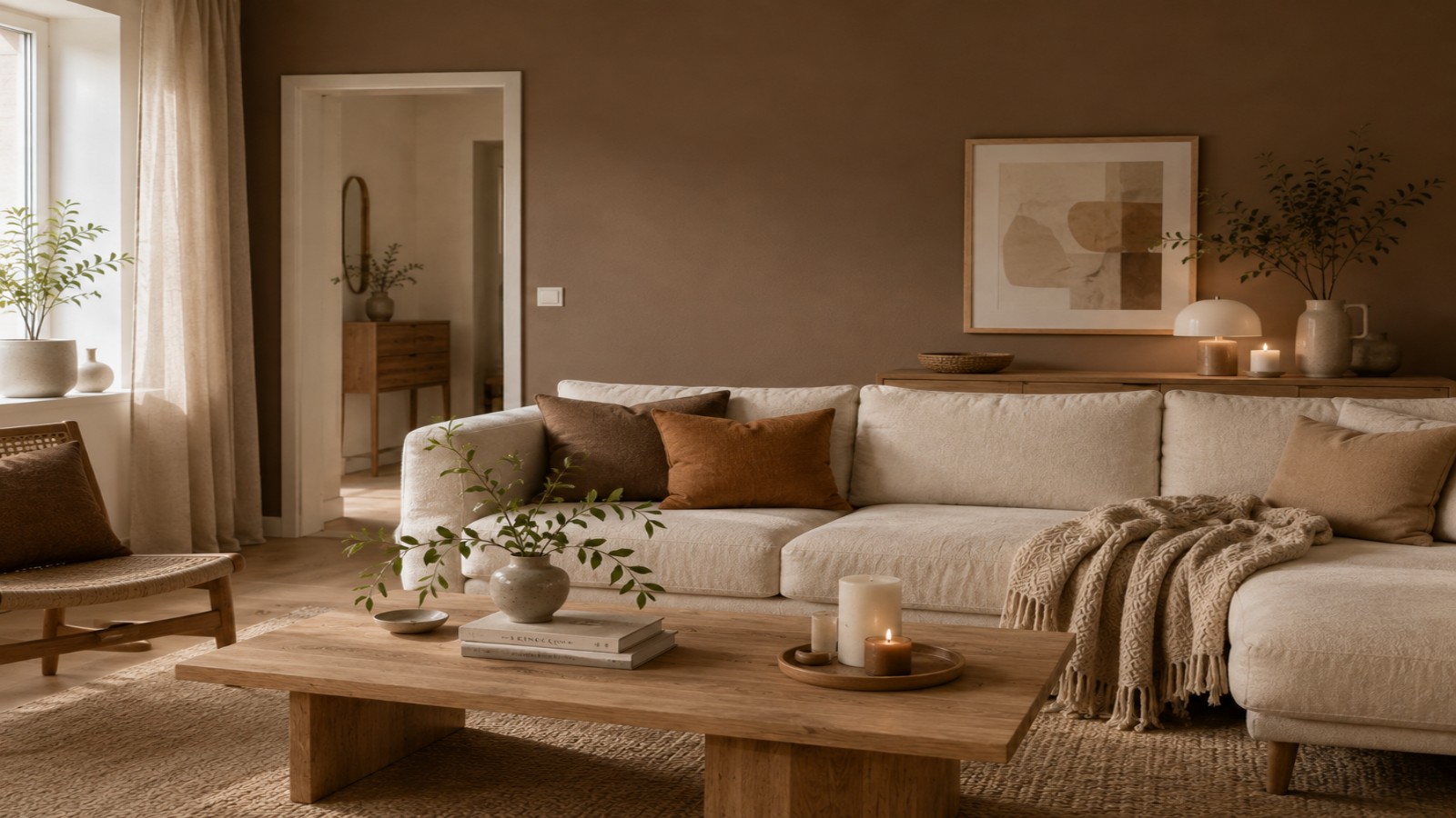 Wohnzimmer mit mokkabrauner Wand, cremefarbenem Sofa und Kissen in Karamelltönen